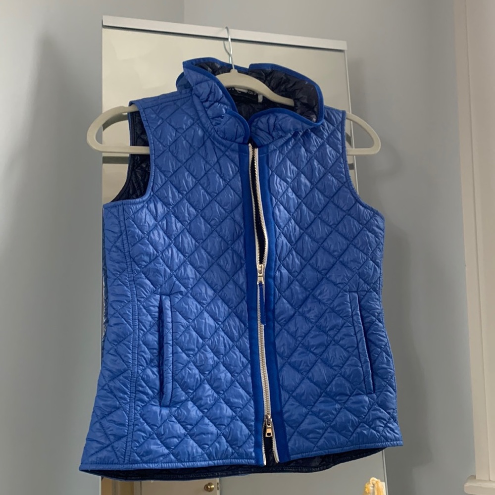 Sara Campbell blue quilted vest with ruffle collar detail- S